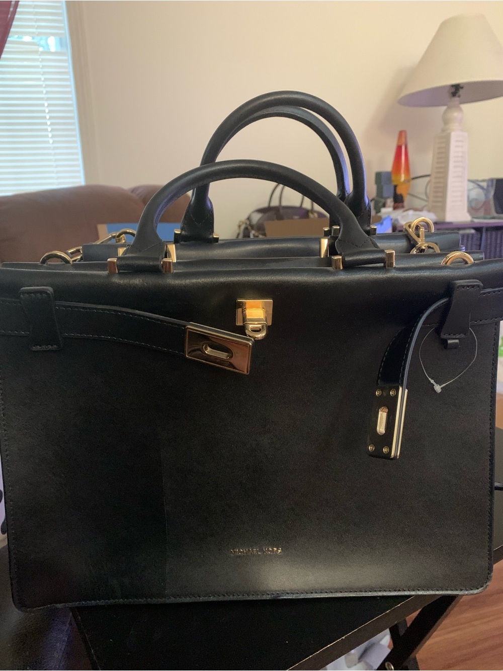 Michael Kors Black Leather Structured Top-Handle Shoulder Bag with Gold Hardware